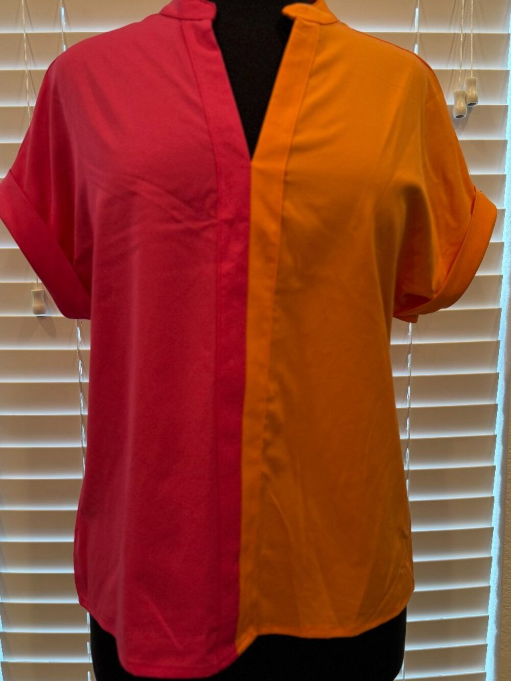 Salanta Pink & Orange Color Block V-Neck Blouse Loose Fit Chic Lightweight Top